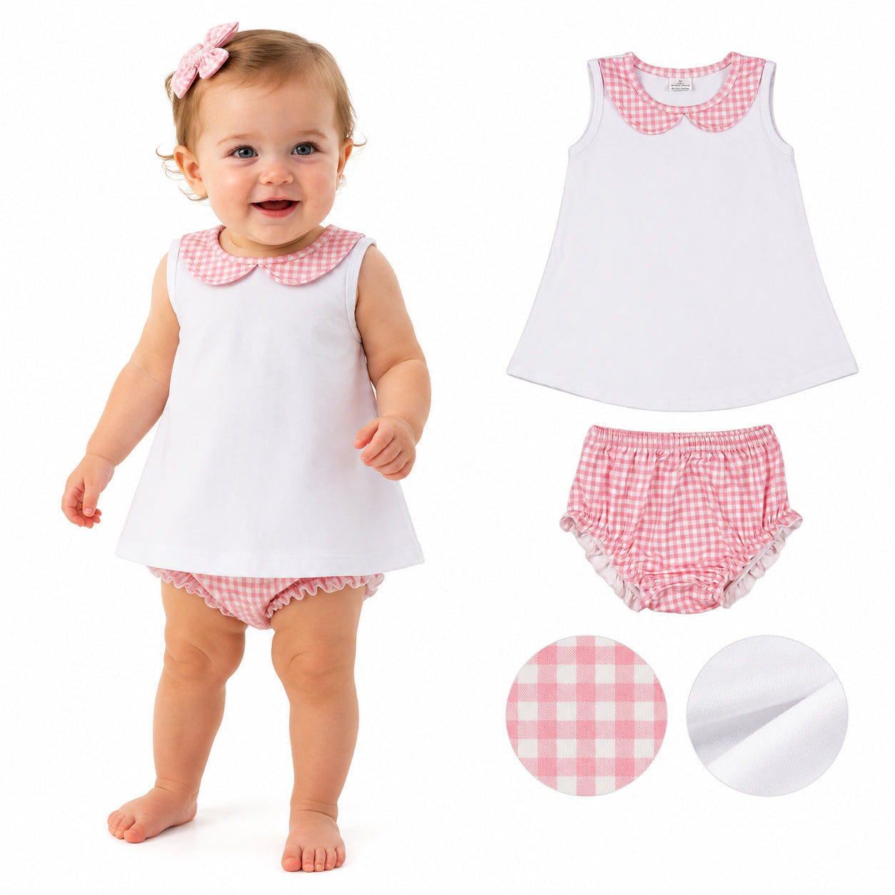 Baby Girls Sleeveless Top With Pink Gingham Bummie Set