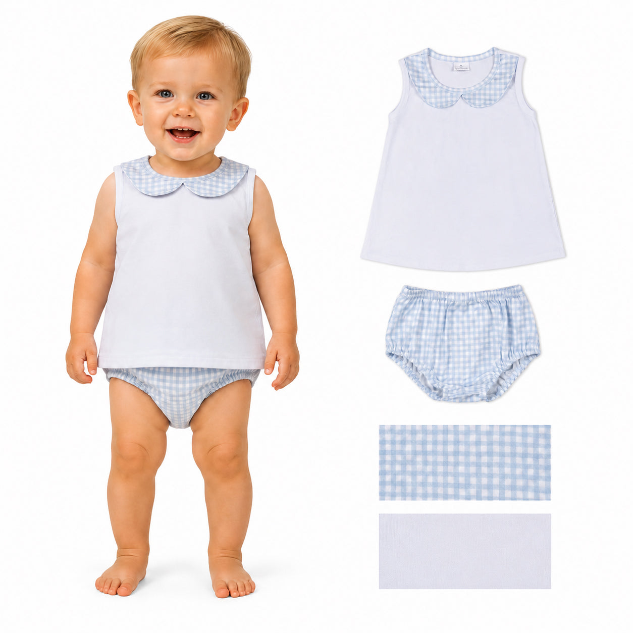 Baby Boys Sleeveless Top With Blue Gingham Bummie Set