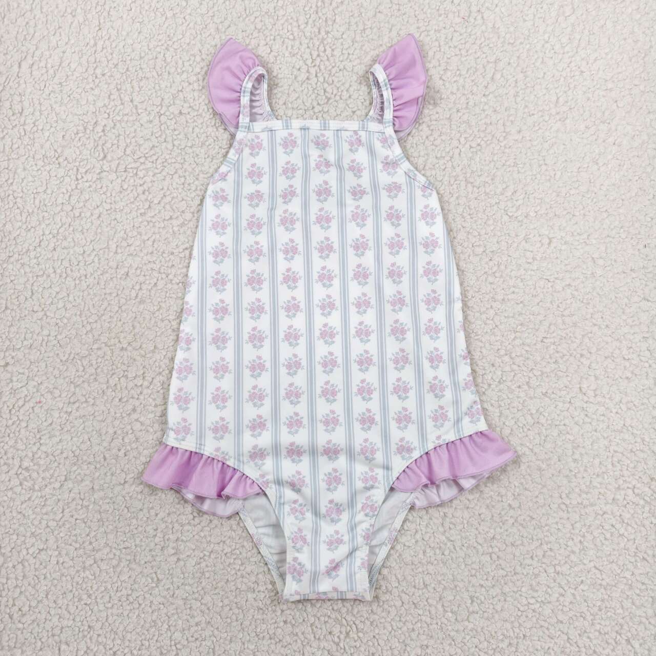 Baby Girls Purple Floral Swimsuit Wirh Ruffle