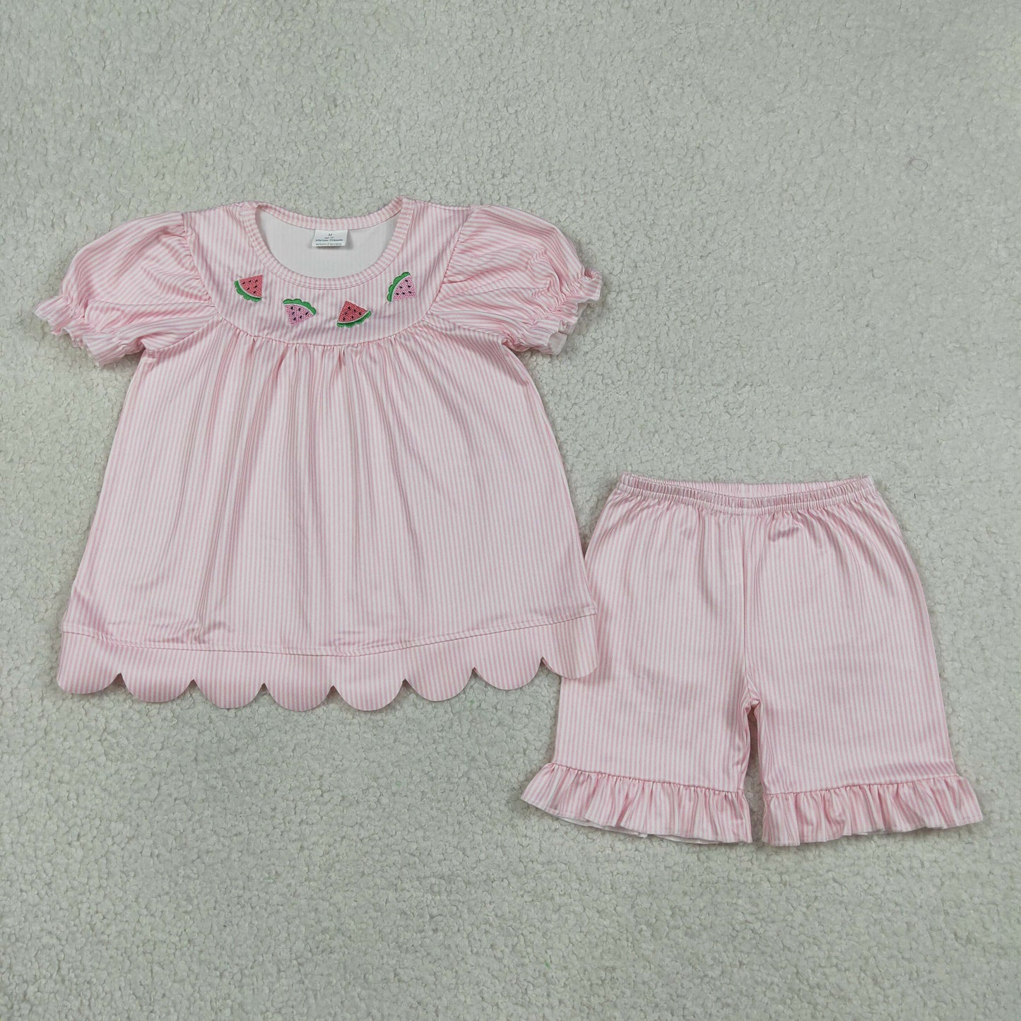 Embroidery Watermelon Pink Striped Scallop Top Ruffle Shorts Baby Girls Outfits
