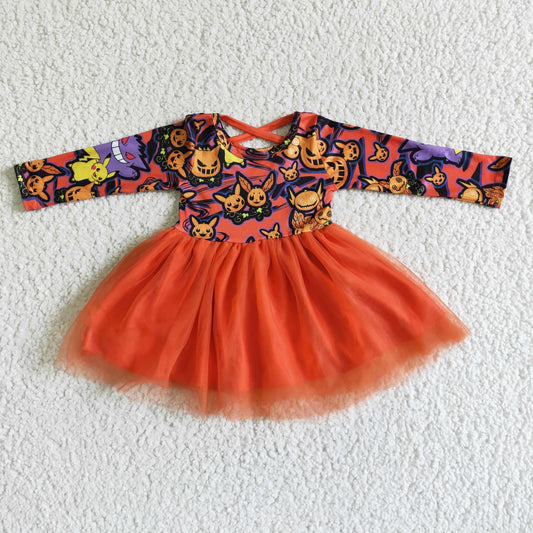 GLD0010 Cartoon Pokémo* Pumpkin Print Girls Halloween Orange Tulle Dress