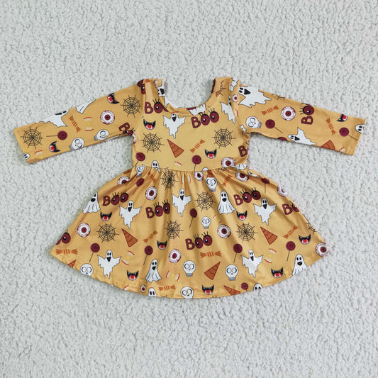 GLD0013 Ghost Boo Print Girls Halloween Knee Length Dresses