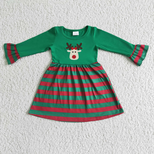 GLD0014 Deer Embroidery Stripes Print Girls Christmas Knee Length Dress