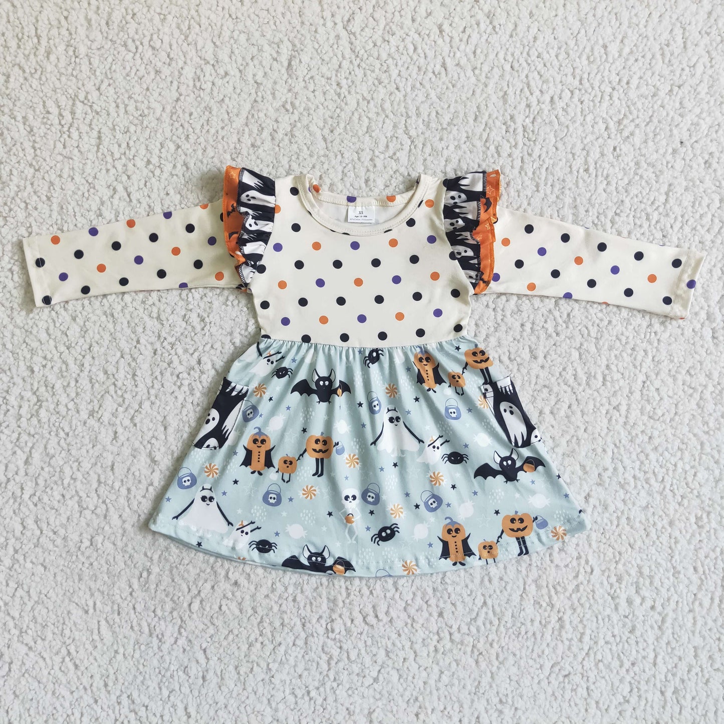GLD0022 Ghost and Pumpkin Print Girls Halloween Knee Length Dress