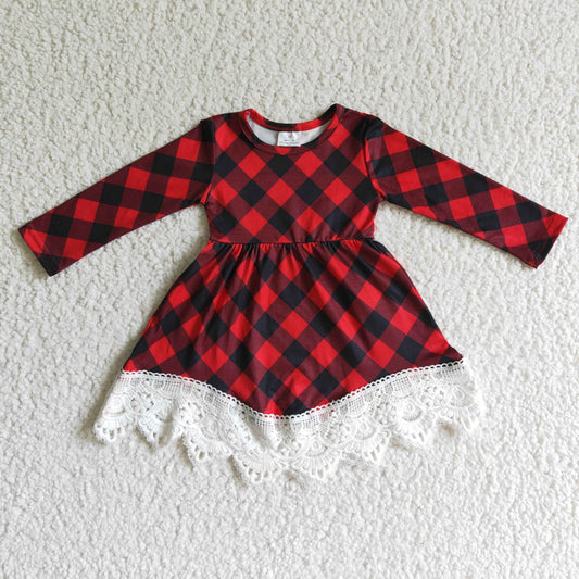 GLD0024 Red Checkered Print Girls Christmas Knee Length Dress