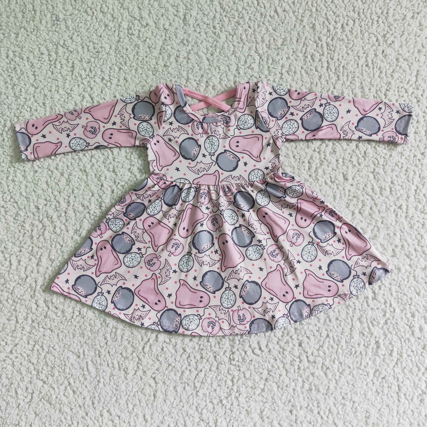GLD0027 Ghost Pink Print Girls Halloween Knee Length Dress