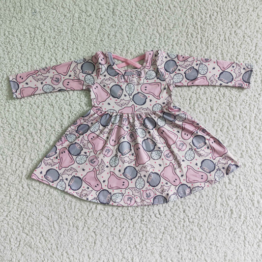 GLD0027 Ghost Pink Print Girls Halloween Knee Length Dress