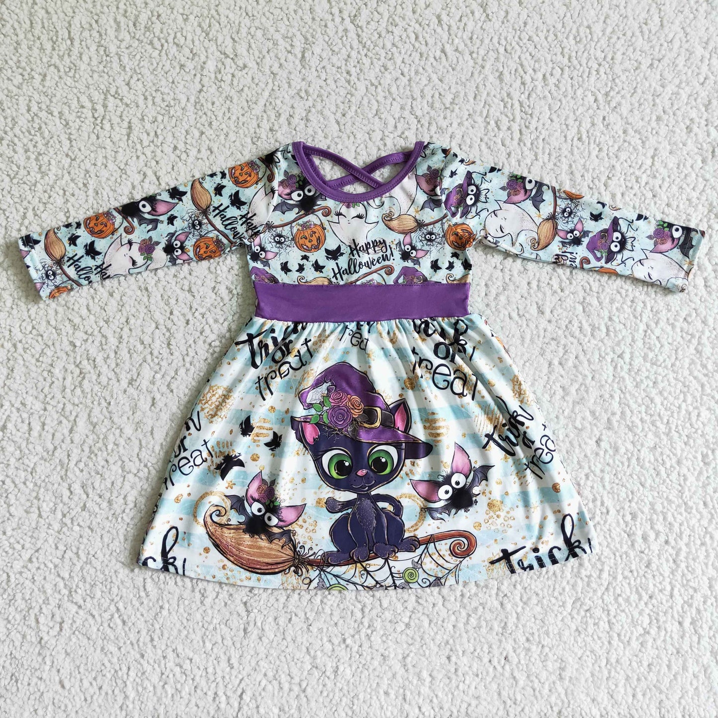 GLD0036 Trick Or Treat Bat Print Girls Halloween Knee Length Dress