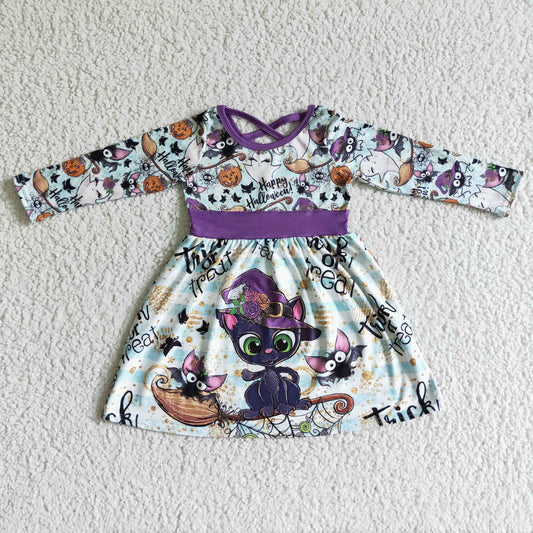 GLD0036 Trick Or Treat Bat Print Girls Halloween Knee Length Dress
