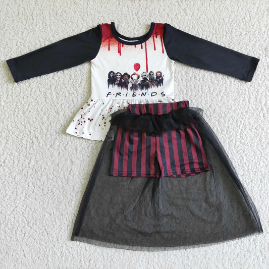 GLD0041 Friends Cartoon Drip Top Stripes Tulle Shorts Girls Halloween Clothes Set