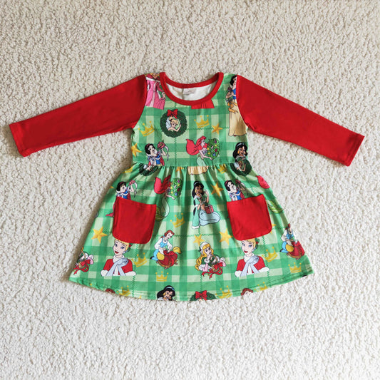 GLD0048 Princess Checkered Holly Print Pockets Girls Christmas Knee Length Dress