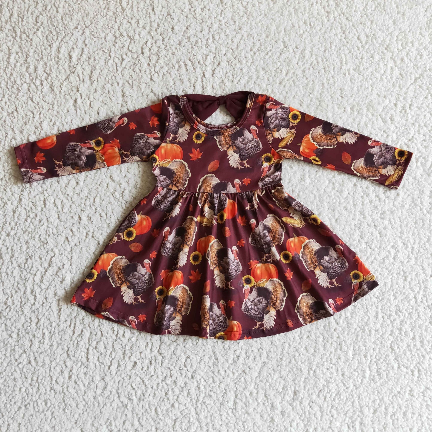 GLD0053 Turkey Pumpkin Print Girls Thanksgiving Knee Length Dress