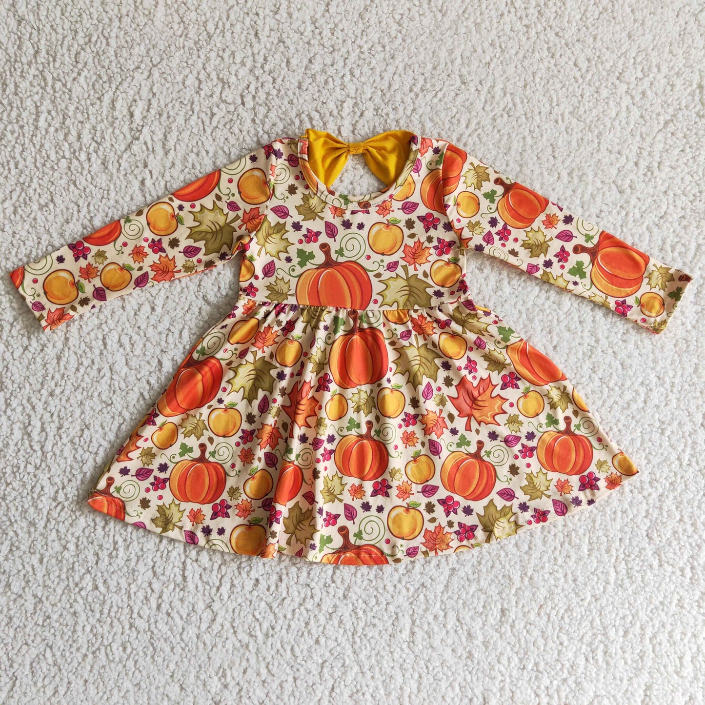 GLD0055 Pumpkin Leaf Orange Print Girls Fall Dress