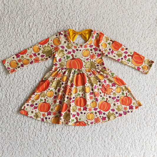 GLD0055 Pumpkin Leaf Orange Print Girls Fall Dress