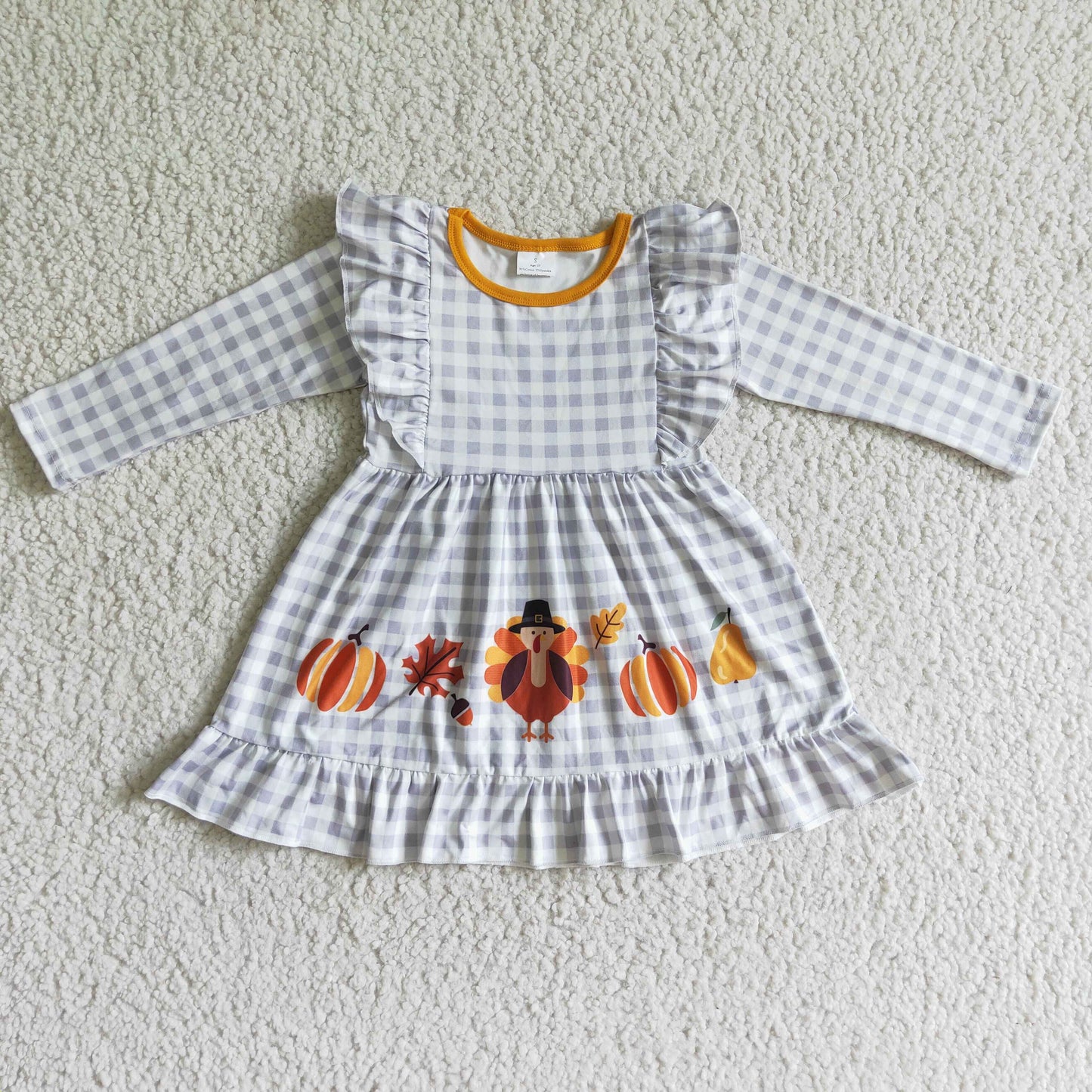 GLD0056 Turkey Pumpkin Plaid Print Girls Thanksgiving Knee Length Dress