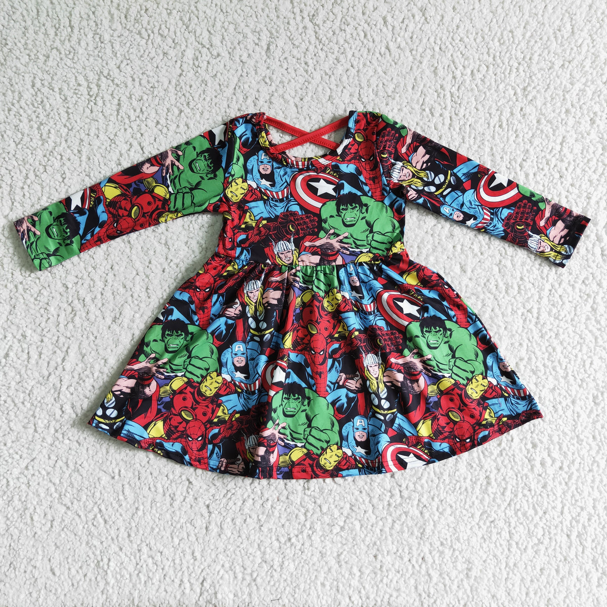 GLD0064 Cartoon Hero Print Girls Knee Length Dress