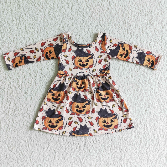 GLD0065 Pumpkin Leaf Print Girls Halloween Knee Length Dress