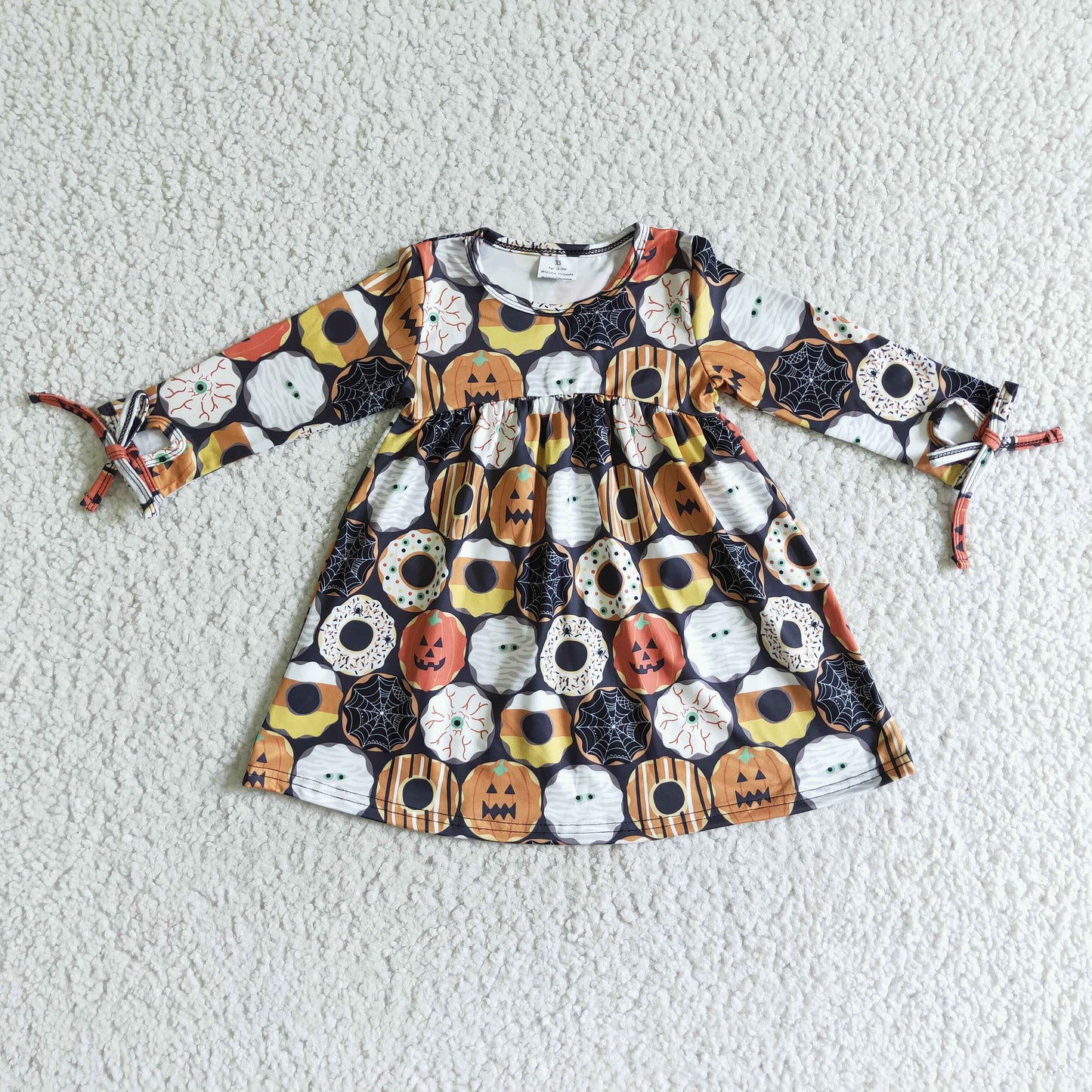 GLD0066 Doughnut Pumpkin Print Girls Halloween Knee Length Dress