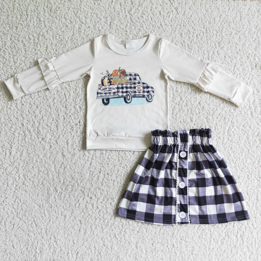 GLD0070 Pumpkin Trucks White Top Plaid Skirts Girls Fall Clothes Set