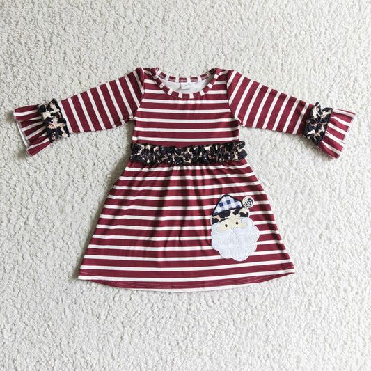 GLD0071 Santa Embroidery Stripes Print Girls Christmas Knee Length Dress