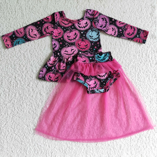 GLD0080 Pumpkin Pink Top Tulle Shorts Baby Girls Halloween Bummie Set