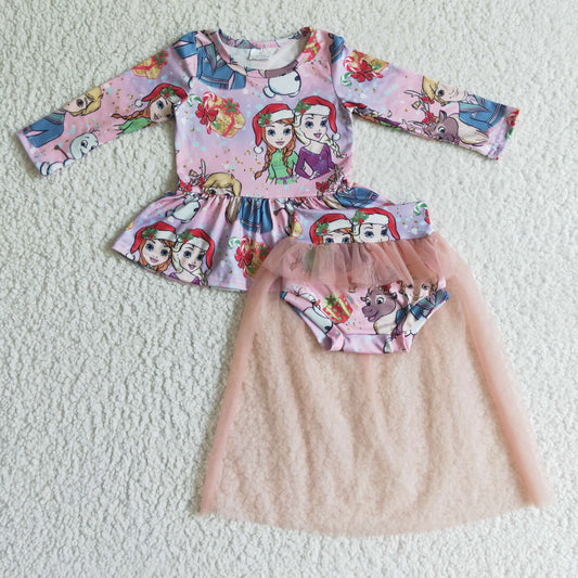 GLD0093 Princess Candy Cane Top Pink Tulle Shorts Baby Girls Christmas Bummie Set