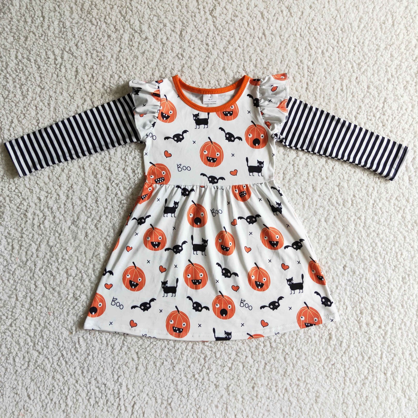 GLD0094 Pumpkin Boo Print Girls Halloween Knee Length Dress