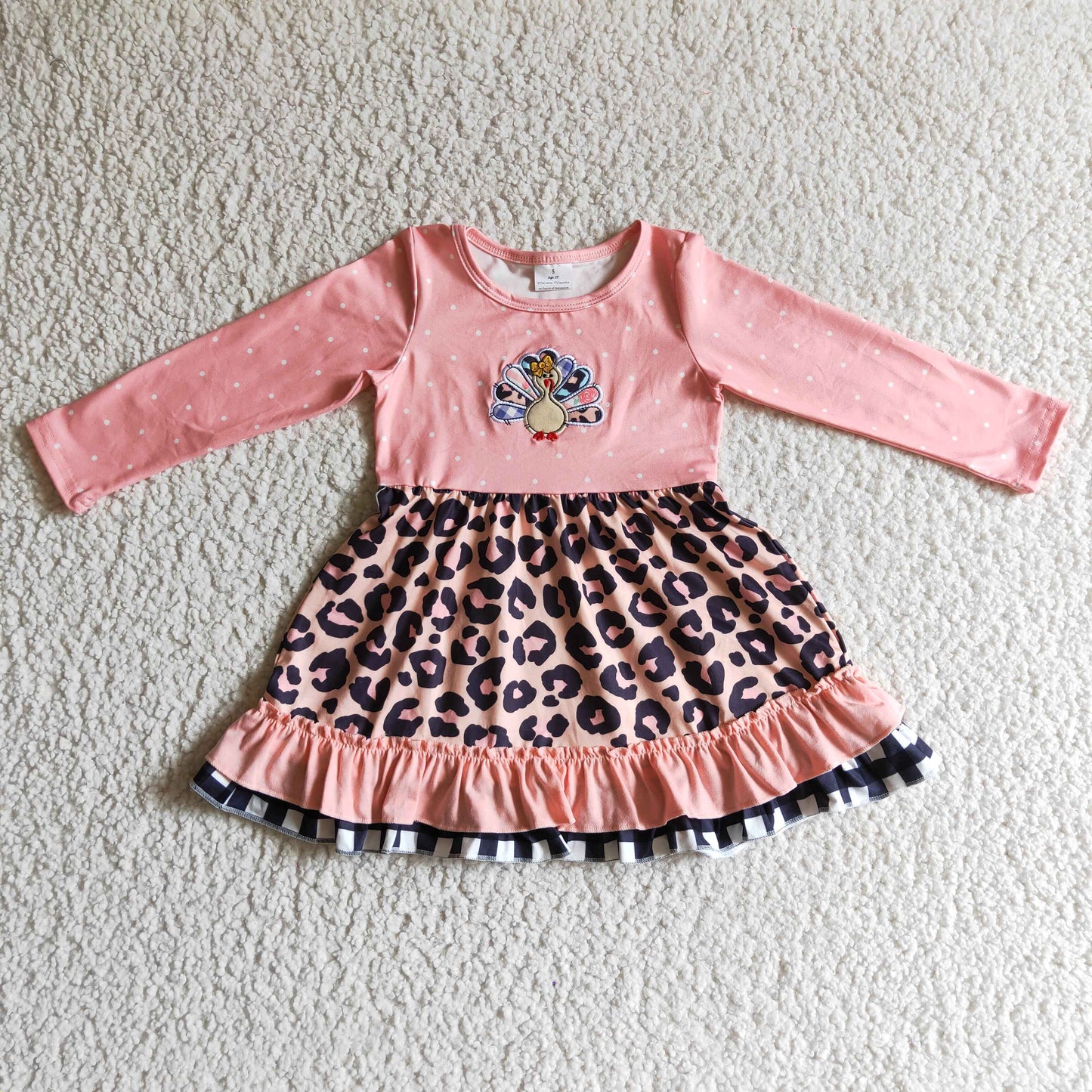 Girls pink turkey embroidery Thanksgiving dress      GLD0095