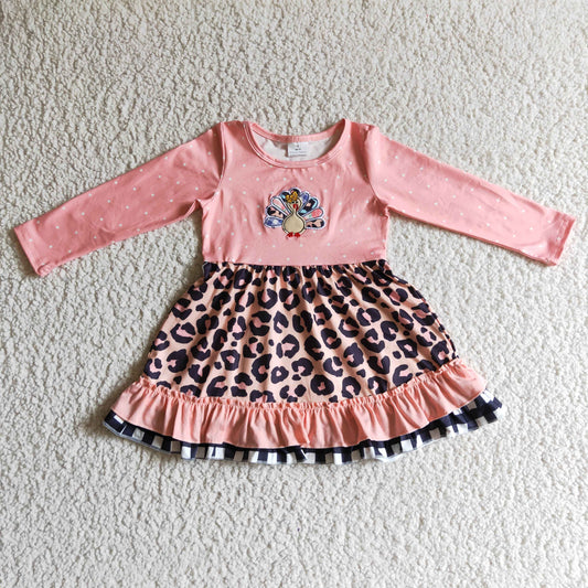 Girls pink turkey embroidery Thanksgiving dress      GLD0095