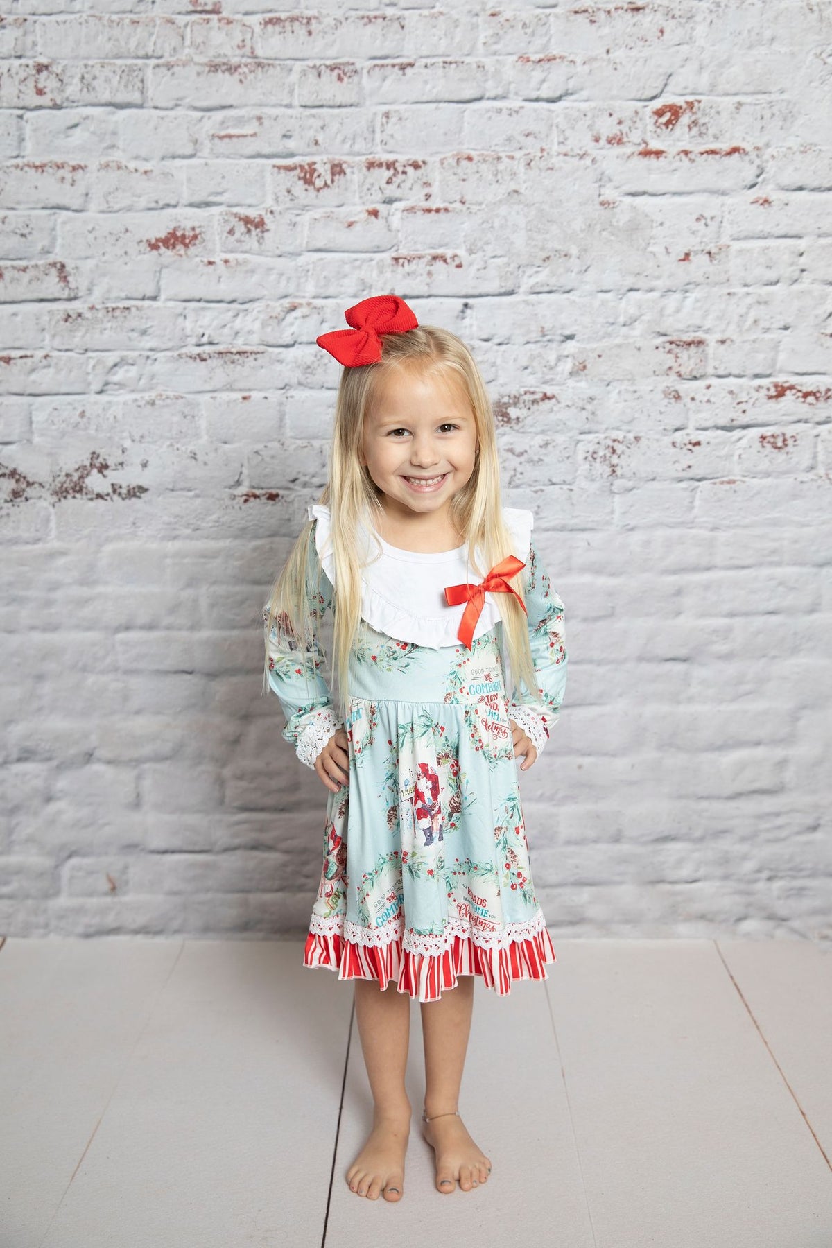 GLD0098 Santa Holly Print Girls Christmas Knee Length Ruffles Dress