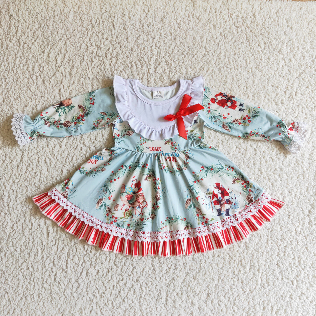 GLD0098 Santa Holly Print Girls Christmas Knee Length Ruffles Dress