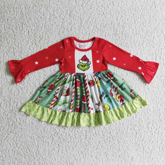 GLD0099 Green Frog Print Girls Christmas Knee Length Twirl Dress