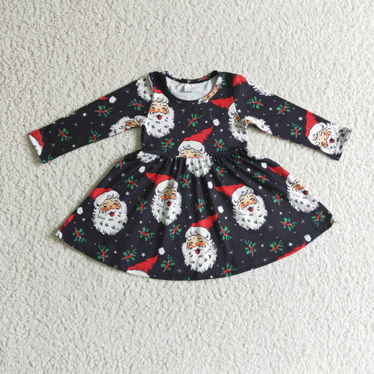 GLD0102 Santa Holly Black Print Girls Christmas Knee Length Dress
