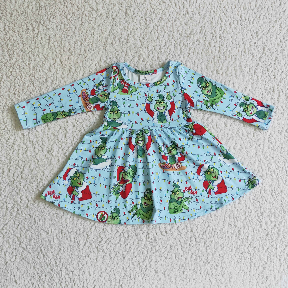 GLD0103 Green Frog Blue Print Girls Christmas Knee Length Dress