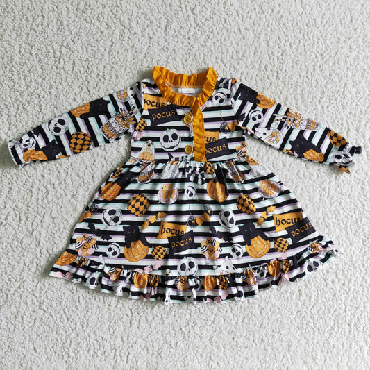 GLD0104 Nightmar* Pumpkin Stripes Print Girls Halloween Knee Length Pajamas Dress