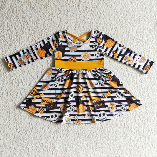 GLD0105 Nightmar* Pumpkin Stripes Print Girls Halloween Knee Length Dress