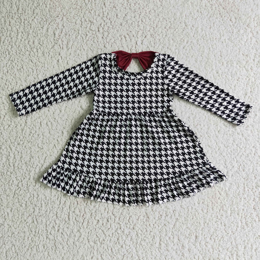 GLD0109 Black Checkered Print Girls Long Sleeve Knee Length Dress