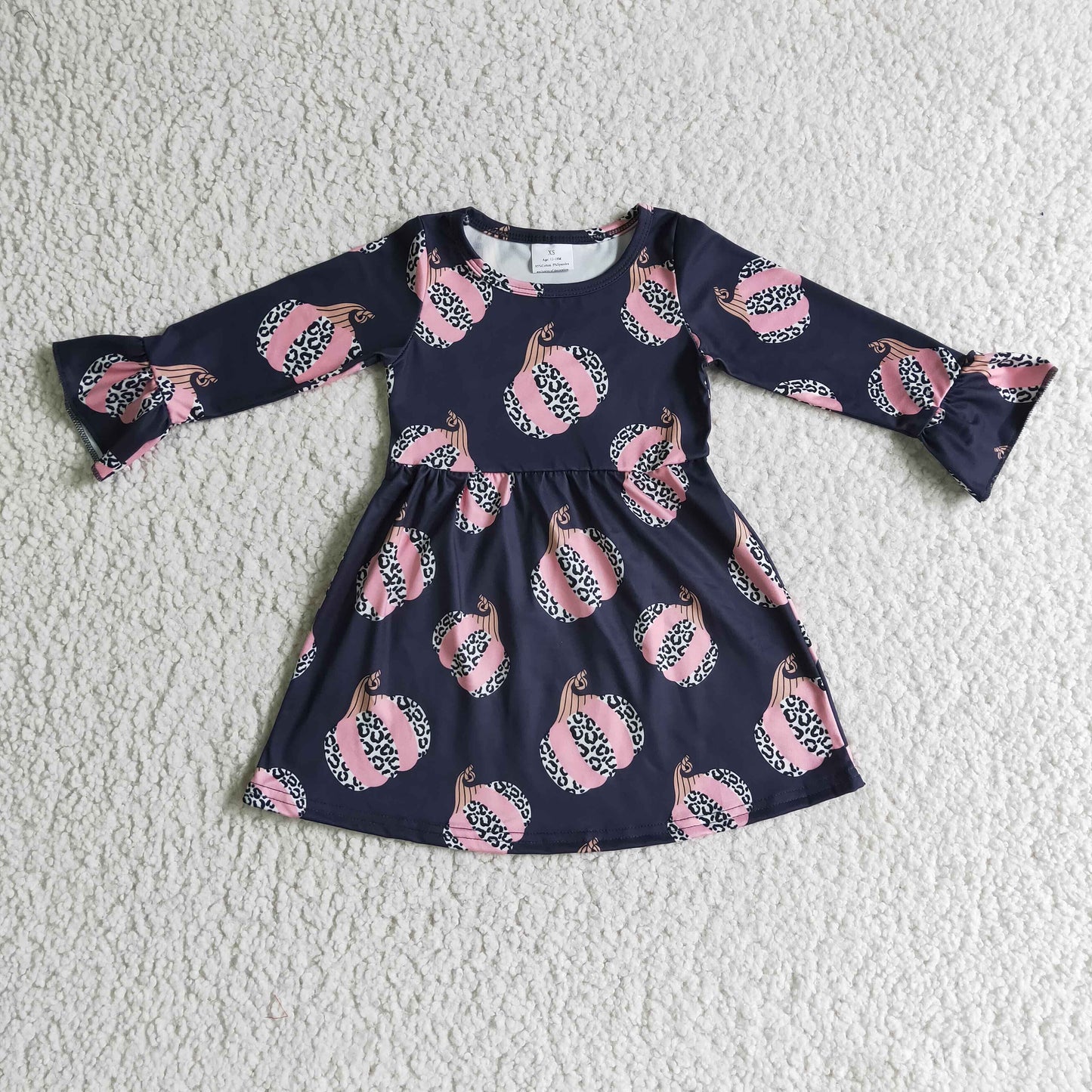 GLD0113 Leopard Pink Pumpkin Black Print Girls Fall Dress