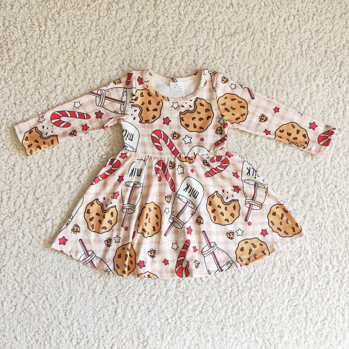 GLD0114 Cookies Milk Candy Cane Checkered Print Girls Christmas Knee Length Dress