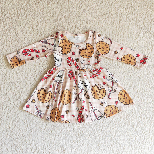 GLD0114 Cookies Milk Candy Cane Checkered Print Girls Christmas Knee Length Dress
