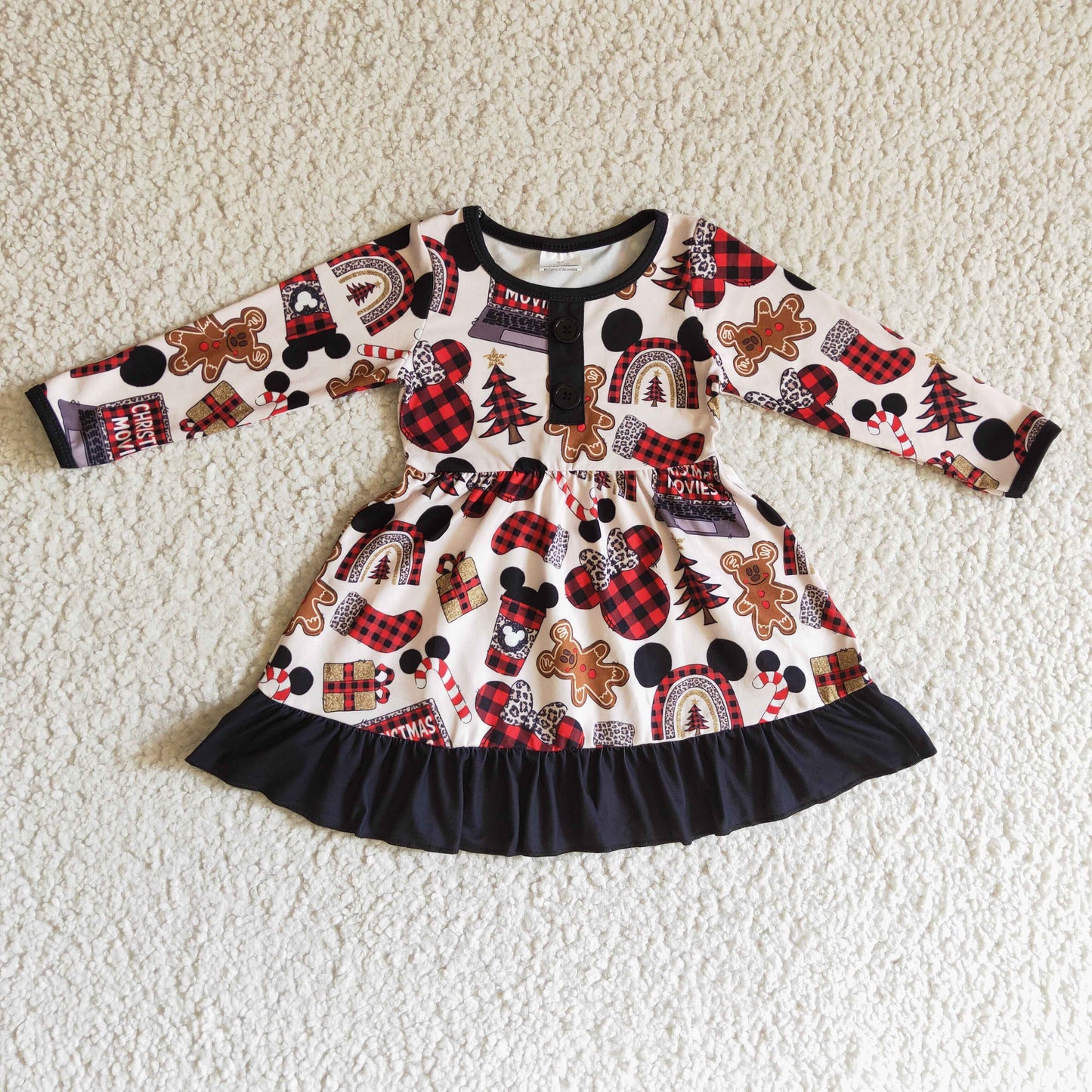 GLD0124 Cartoon Mouse Gingerbread Candy Print Girls Christmas Knee Length Dress