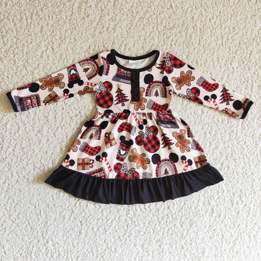 GLD0124 Cartoon Mouse Gingerbread Candy Print Girls Christmas Knee Length Dress