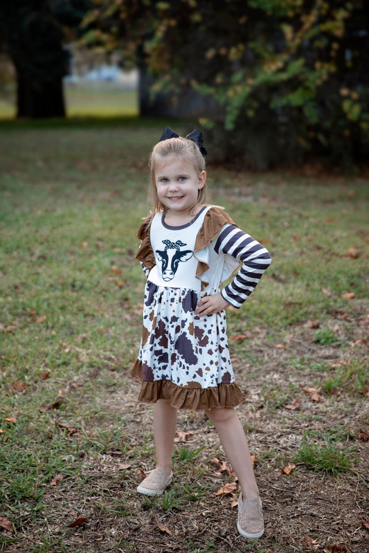GLD0126 Heifer Cowhide Print Girls Long Sleeve Knee Length Dress