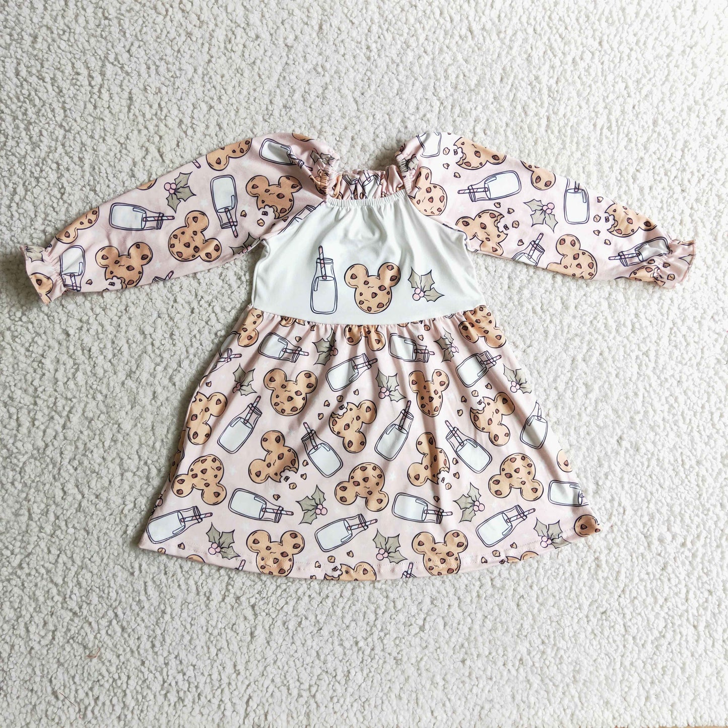 GLD0129 Cartoon Mouse Cookies Milk Holly Print Girls Christmas Knee Length Dress