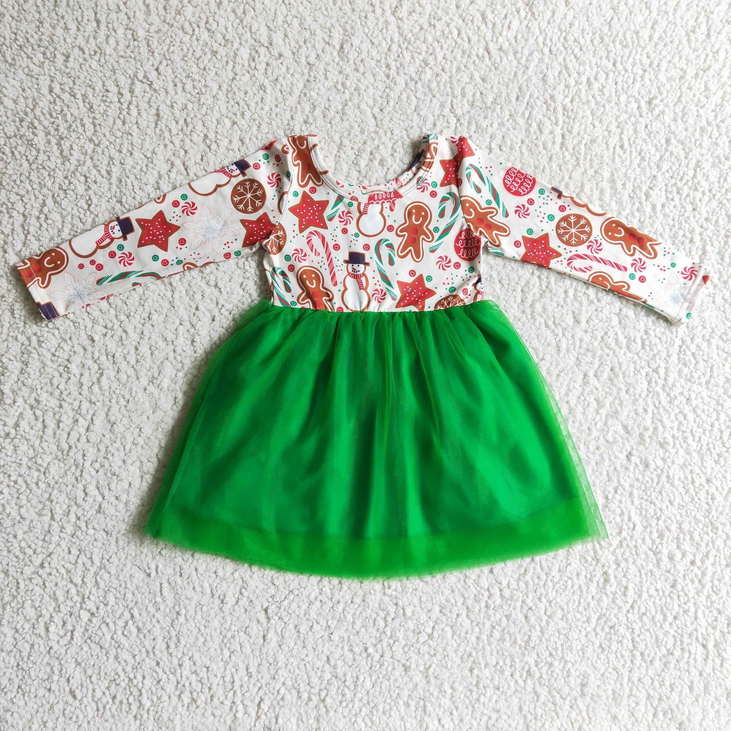 GLD0133 Gingerbread Candy Cane Print Girls Christmas Knee Length Tulle Dress