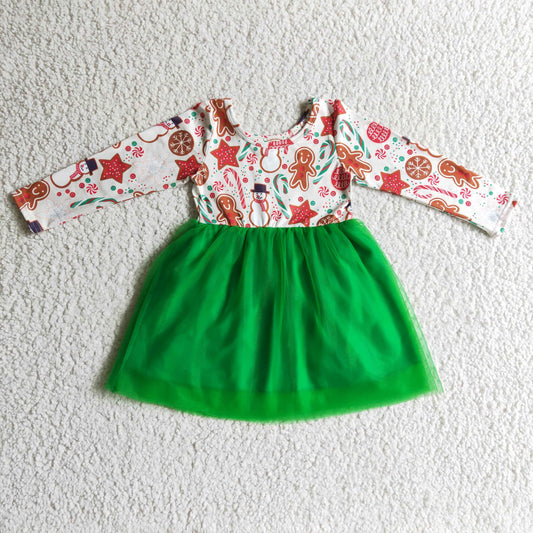 GLD0133 Gingerbread Candy Cane Print Girls Christmas Knee Length Tulle Dress