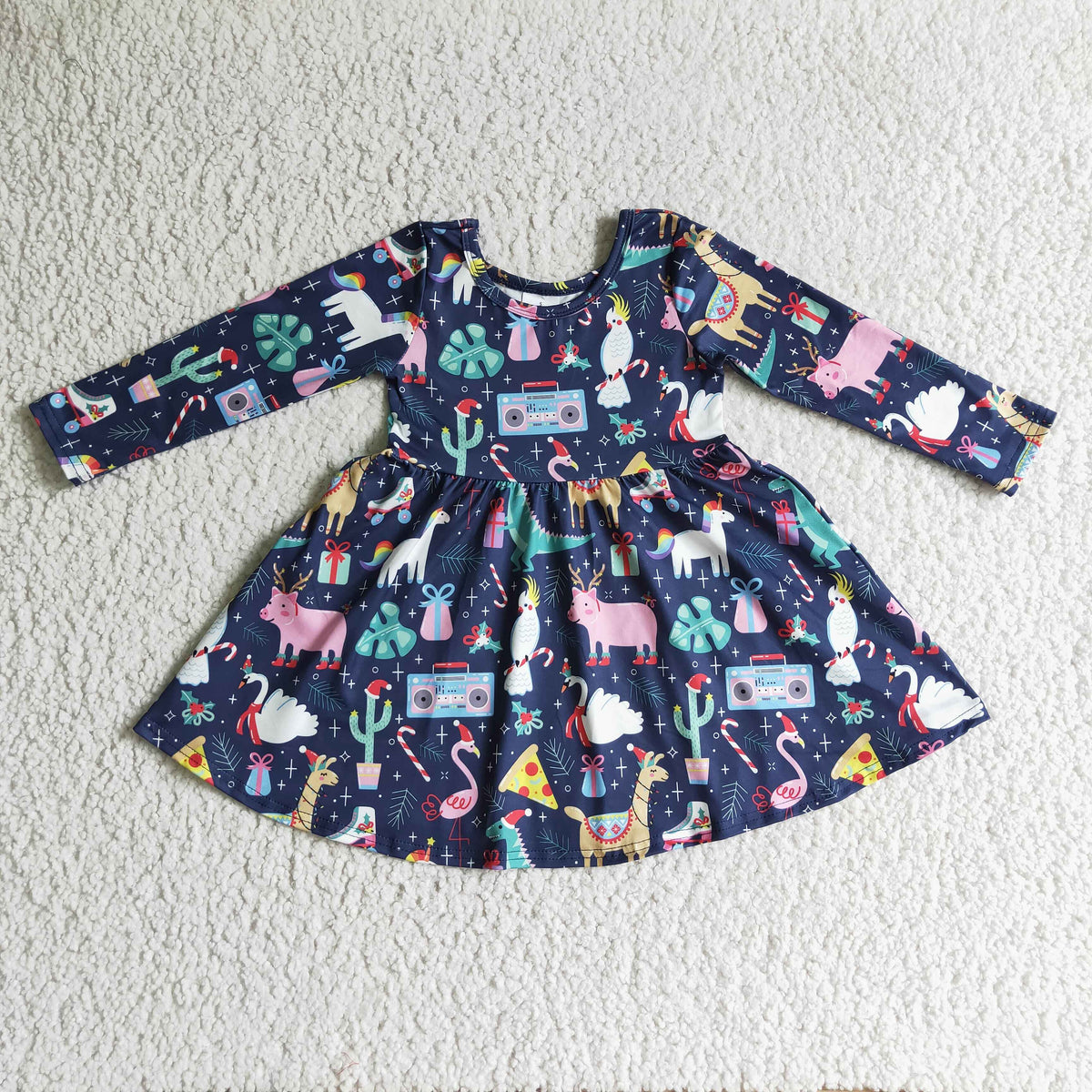 GLD0135 Dino Animals Holly Print Girls Christmas Knee Length Dress