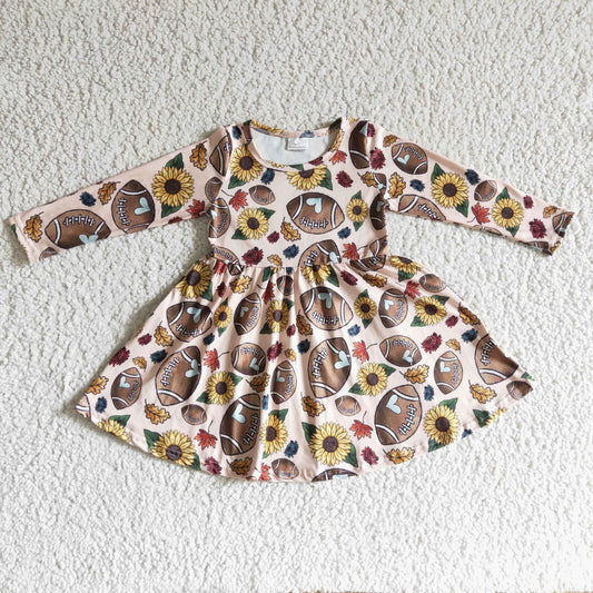 GLD0137 Football Sunflowers Leaf Print Girls Fall Knee Length Dress