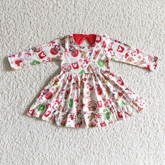 GLD0140 Gingerbread Candy Cane Print Girls Christmas Knee Length Dress
