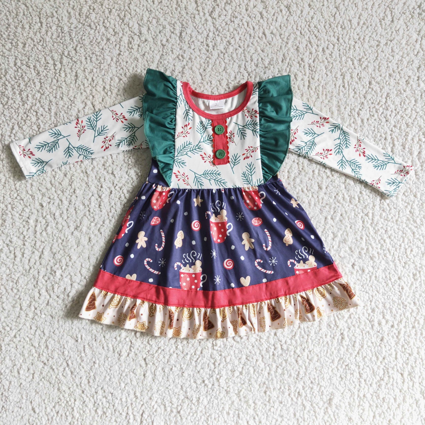 GLD0142 Gingerbread Candy Cane Holly Print Girls Christmas Knee Length Dress